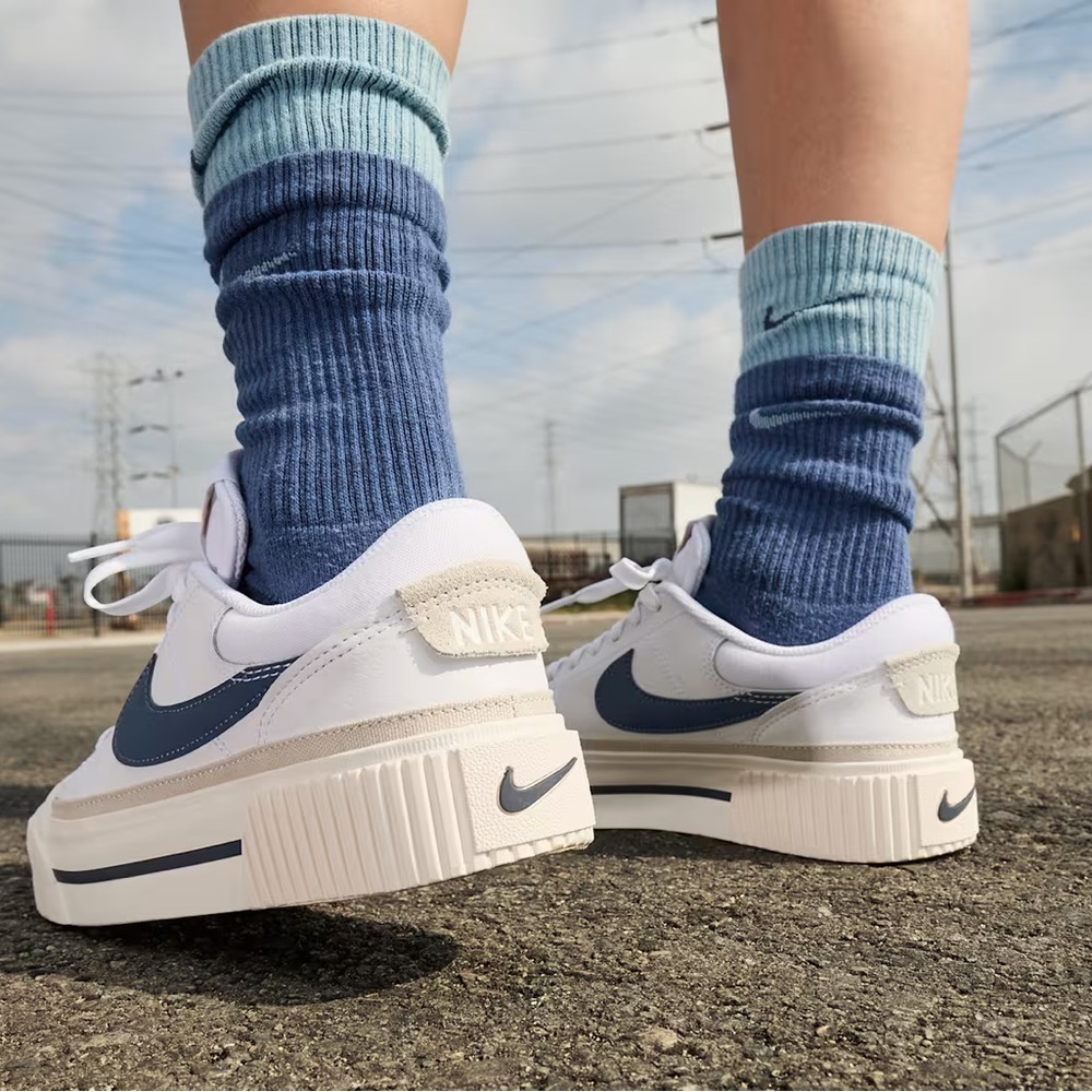 Nike White Sneakers with Blue Swoosh Platform - Picture 1 of 15